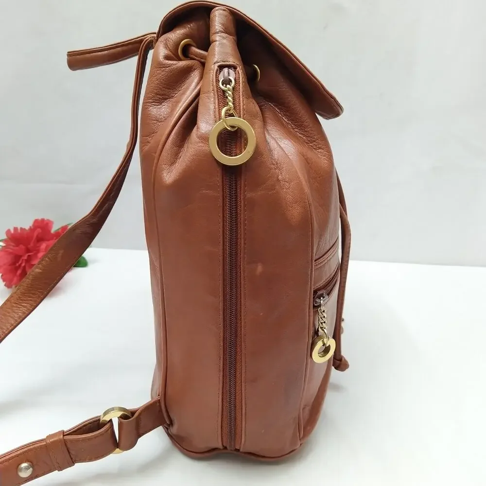 Perlina Brown Leather Zipper Pockets Flap Top Handle Drawstring Backpack